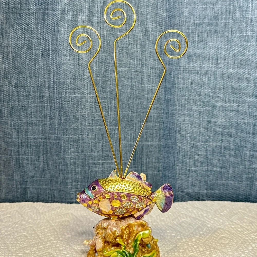 Enameled Fish With Coral Metal Figurine / Photo / Receipe /‎ Note Card Holder